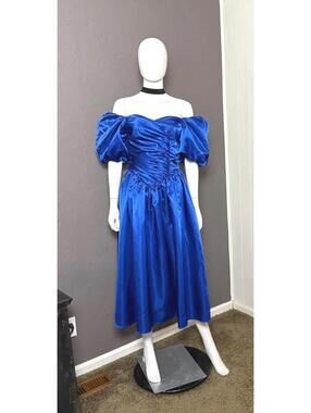 1980's Sapphire Blue Satin Party Dress Puff Shoulder